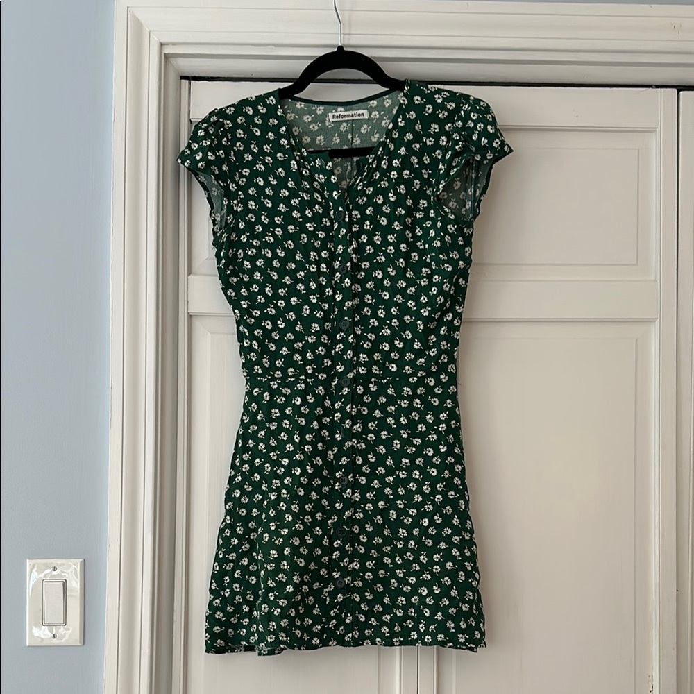 Reformation Emerald Dress with Ivory Floral Design
